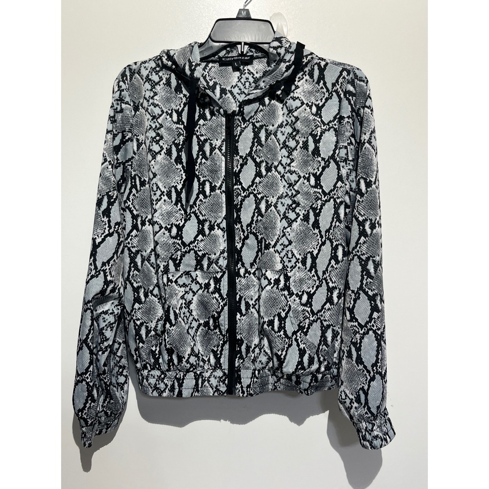 EillyBazar Womens Snakeskin Print Hooded Windbreaker Jacket Grey Black Large